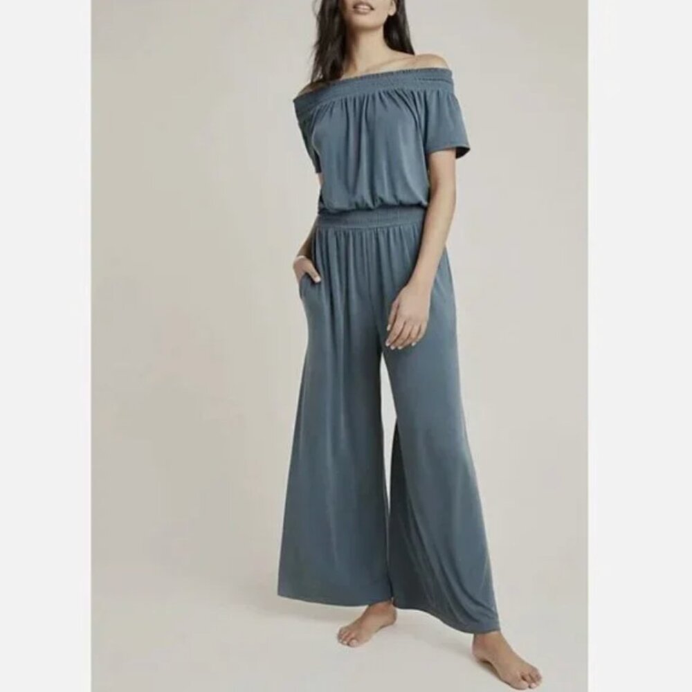 Anthropologie Saturday/Sunday Off-Shoulder Wide-Leg Jumpsuit Size Small Teal EUC